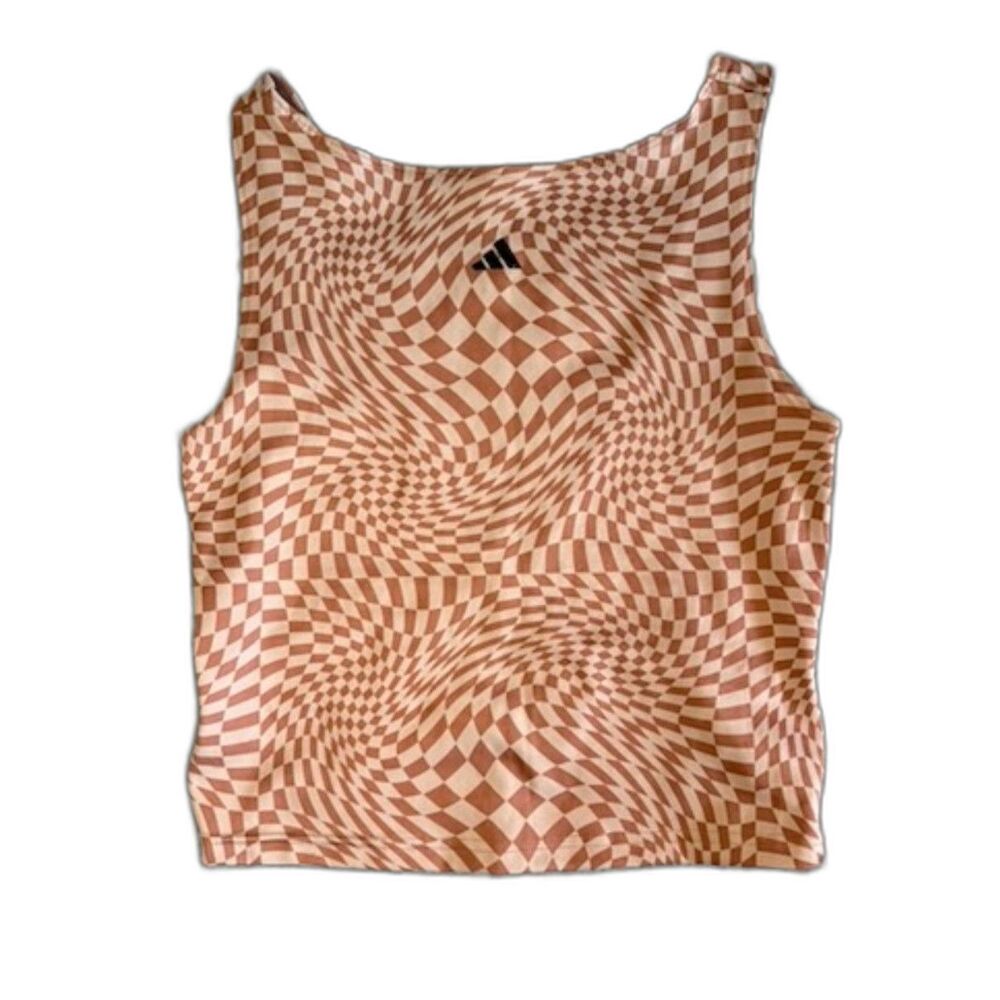 Adidas Womens M Crop Tank Sports Bra Optical Checkered Swirl Pink Brown